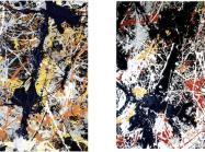 81 x 110 cm sections of the real (left) and replica (right) Jackson Pollock, Blue Poles: Number 11, 1952 (210 x 486.8 cm, National Gallery of Australia).