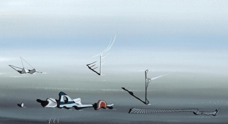 Lot 233, Yves Tanguy, French, 1900 – 1955, Untitled, 1939, gouache on paper, 4 x 10 1/2 in. (10.2 x 26.7 cm.), Estimate: 100,000 – 150,000