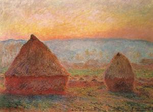 Claude Monet painting of triangular haystacks in the evening light