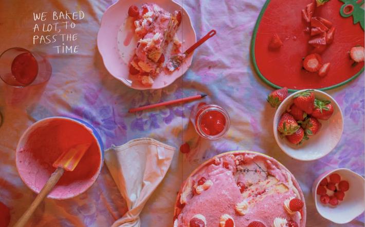 Page from Puberty by Laurence Philomene, features photograph of baked goods from 2020