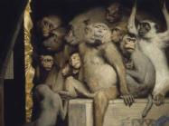 Monkeys in front of a canvas that the viewer can not see. Some look at the art, as though evaluating it. One central monkey looks directly at the viewer.